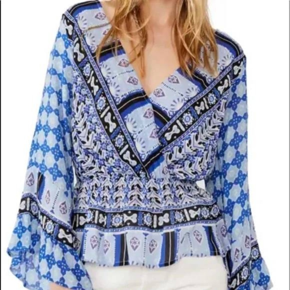 NWT Free People Peasant Blouse Indigo Combo Bell Sleeve Bohemian‎ Top M